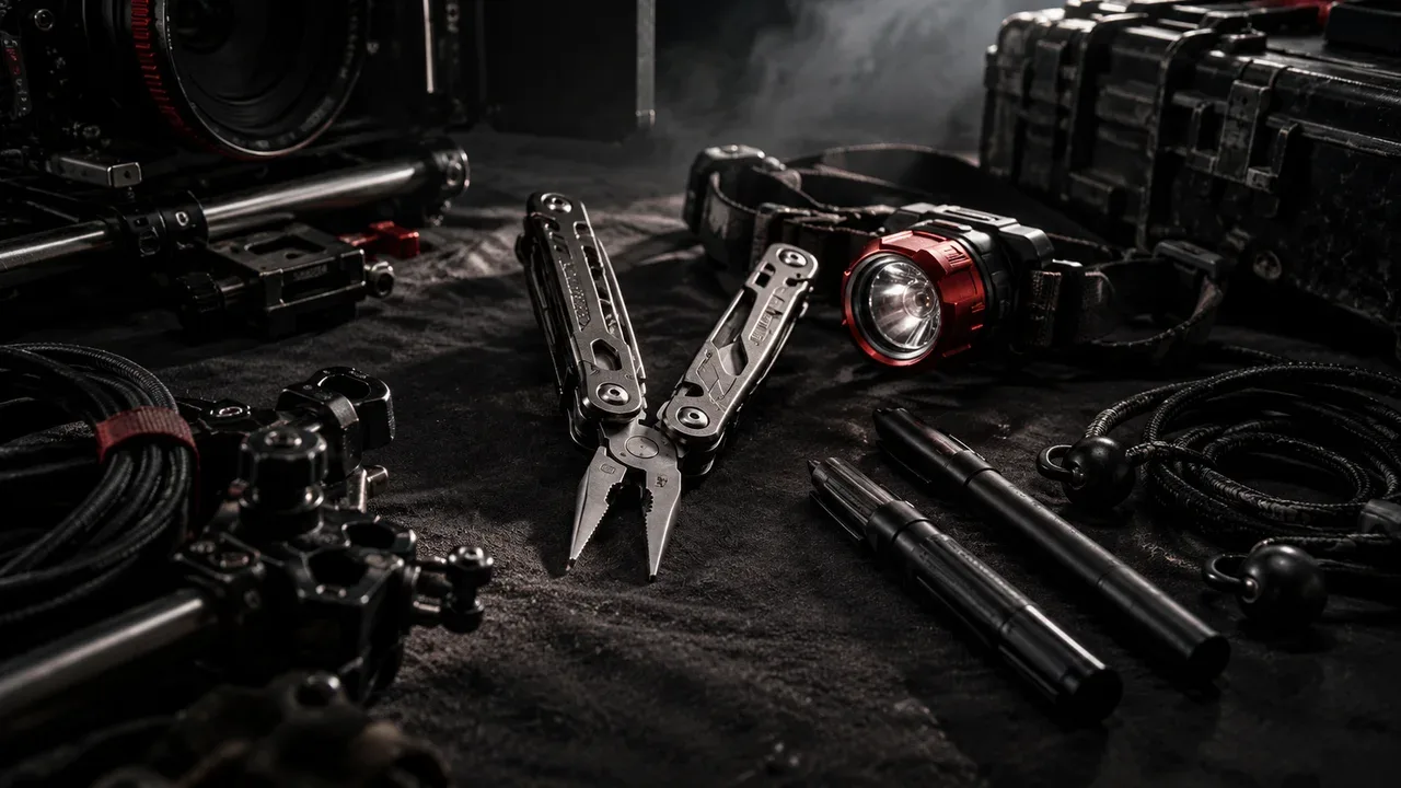 Kit de ferramentas de produção de set com multiferramenta e lanterna de cabeça