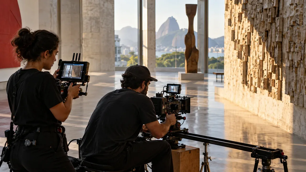 Diretor de fotografia e assistente operando câmera em slider para capturar planos de cobertura de B-roll