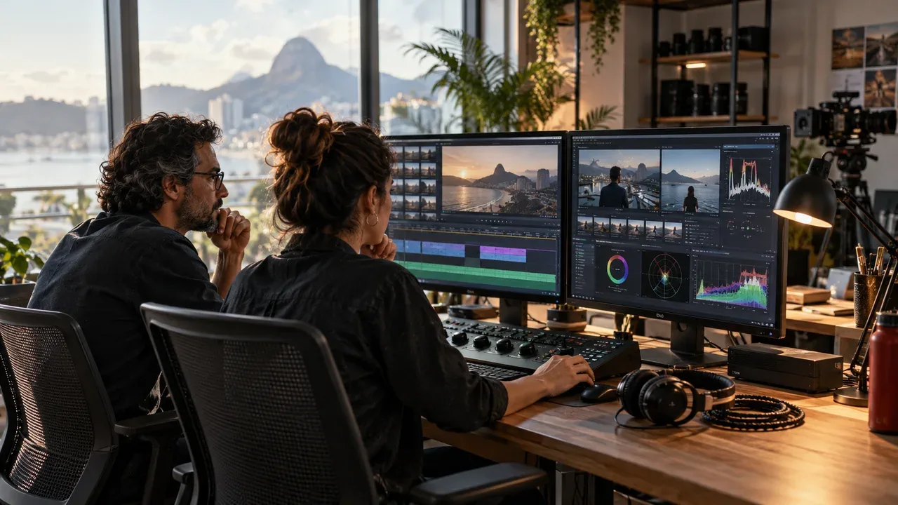 Profissionais de pós-produção audiovisual revisando linhas de tempo e inserções de B-roll na ilha de edição