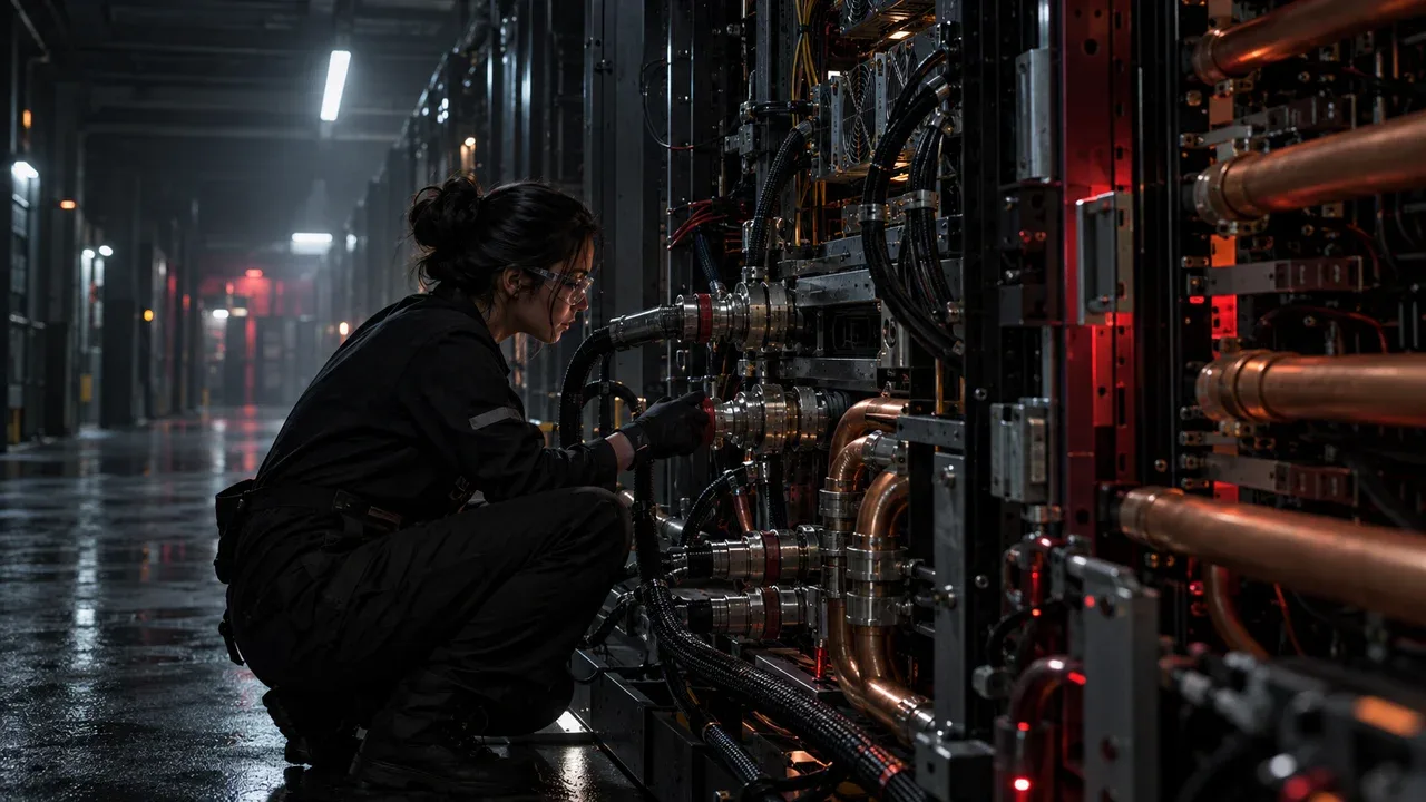 Técnica inspecionando acopladores hidráulicos e barramentos elétricos no módulo de aceleração de rede neural à noite