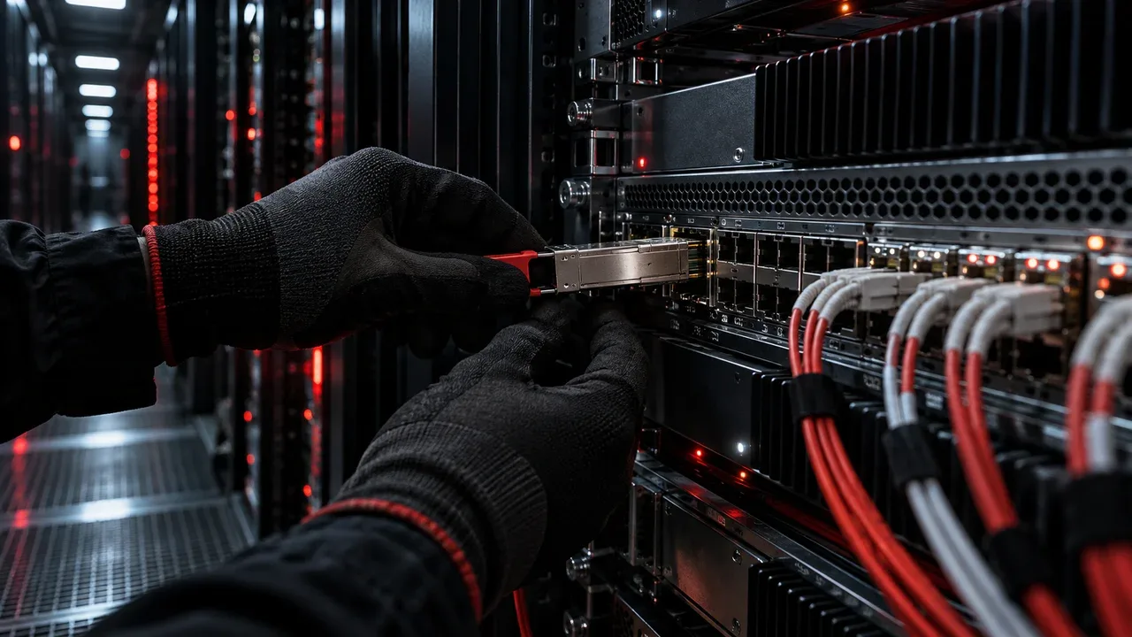 Mãos com luvas inserindo transceptor óptico de alta velocidade em switch de cluster de computação de IA