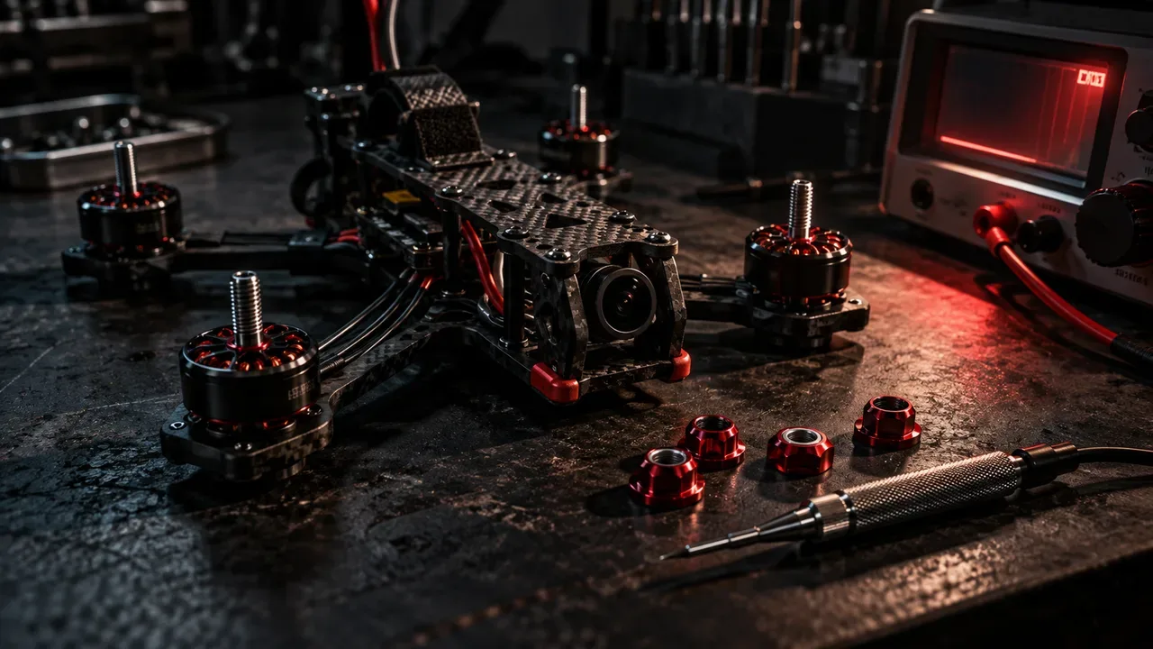 Bancada de calibração de drone FPV sem hélices com porcas usinadas em alumínio e instrumento de teste