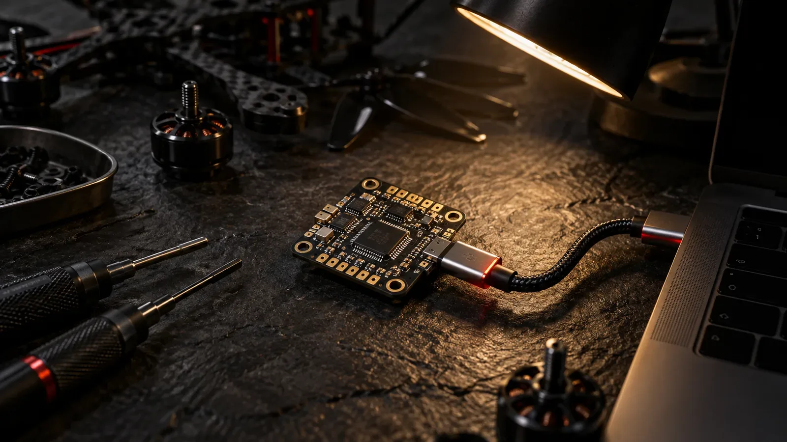 Controladora de voo FPV em bancada de ardósia escura conectada via cabo USB a um laptop sob iluminação de bancada focada
