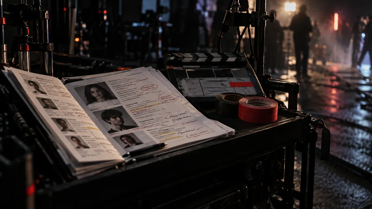 Prancheta com breakdown de casting, anotações de perfil de personagens e claquete de produção