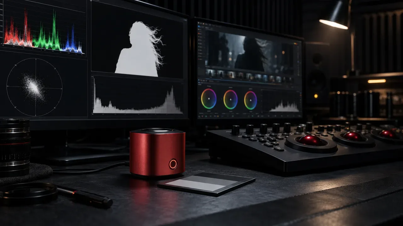 Câmera de cinema digital com rig completo montada em estúdio diante de ciclorama verde
