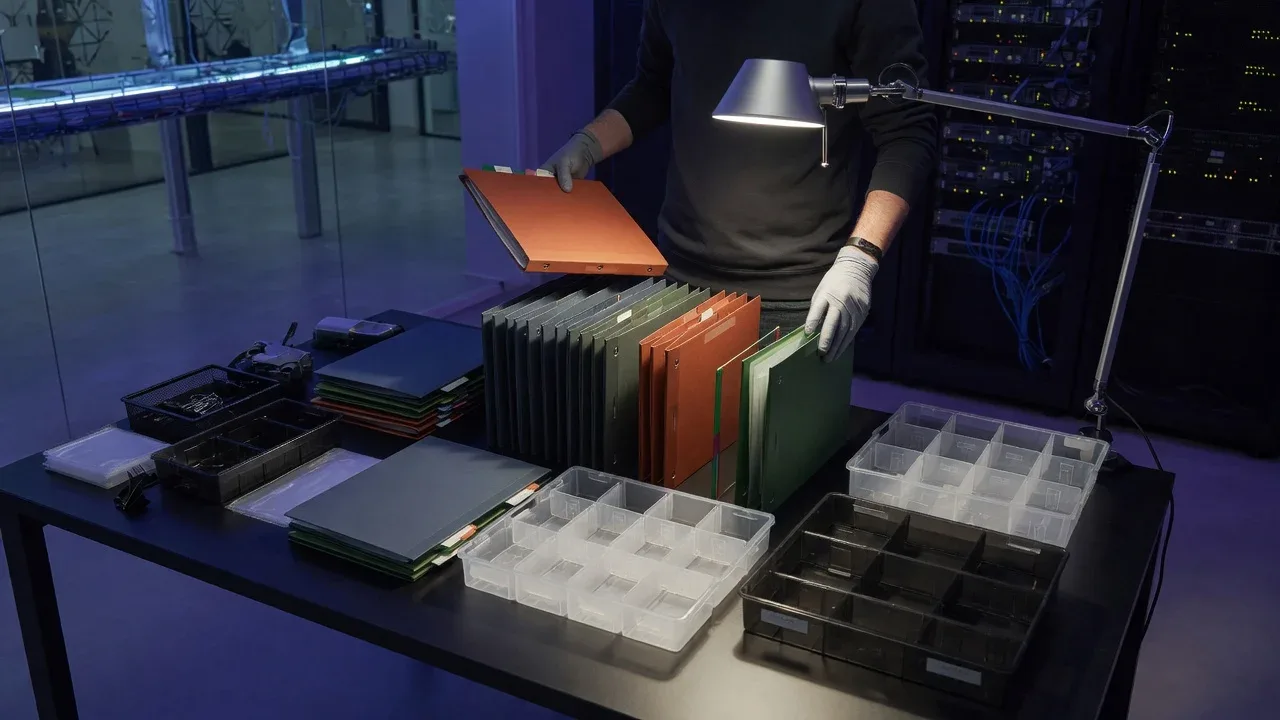 Plano médio cinematográfico com arquiteto de dados organizando pastas modulares em compartimentos em São Paulo