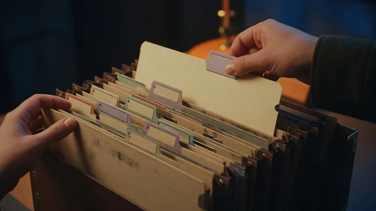 Plano de detalhe cinematográfico das mãos de um técnico alinhando pastas modulares e separadores de arquivo