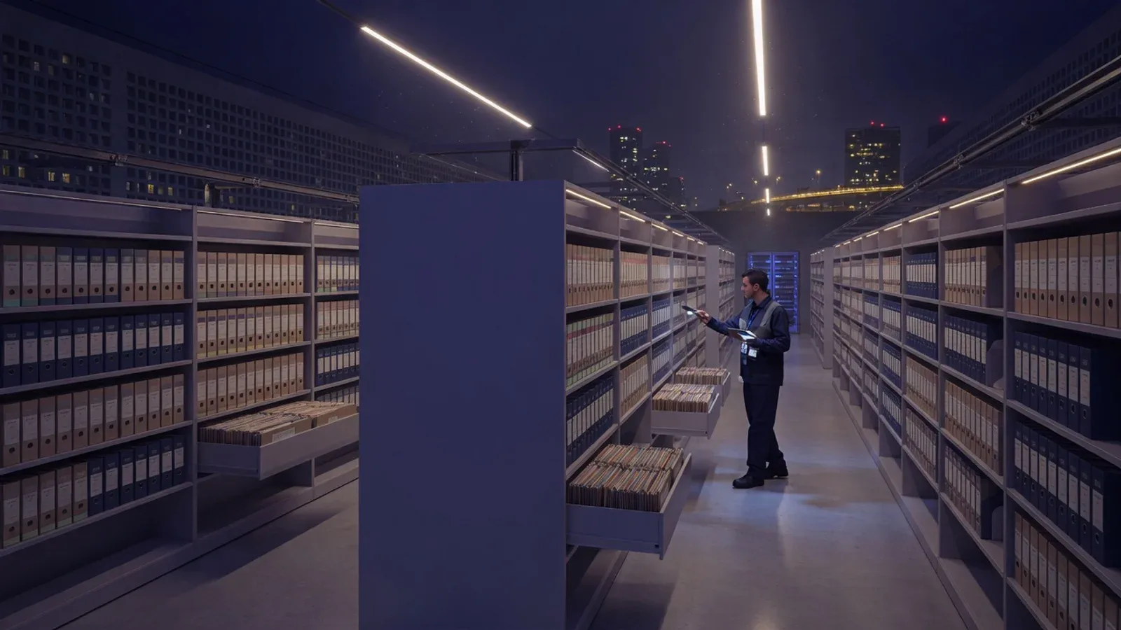 Plano geral cinematográfico noturno em centro de documentação corporativa em São Paulo com arquiteto inspecionando lotes de arquivos