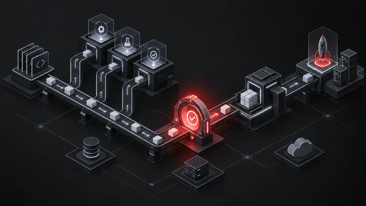 Diagrama esquemático isométrico do fluxo de pipeline de CI/CD conectando testes automatizados, portão de validação e deploy em produção