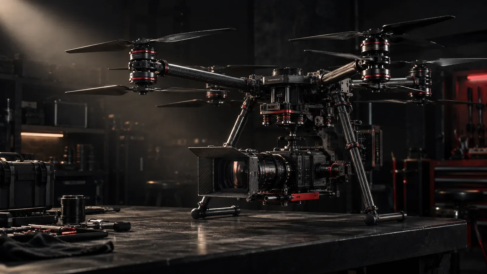 Drone cinelifter coaxial X8 em fibra de carbono com câmera de cinema em bancada escura