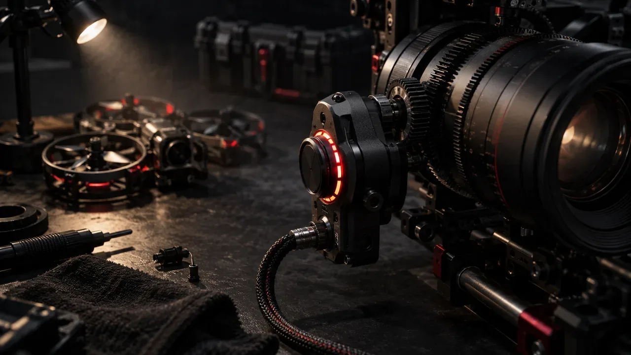 Mecânica de montagem de câmera de cinema FPV com motor de foco sem fio sobre bancada escura