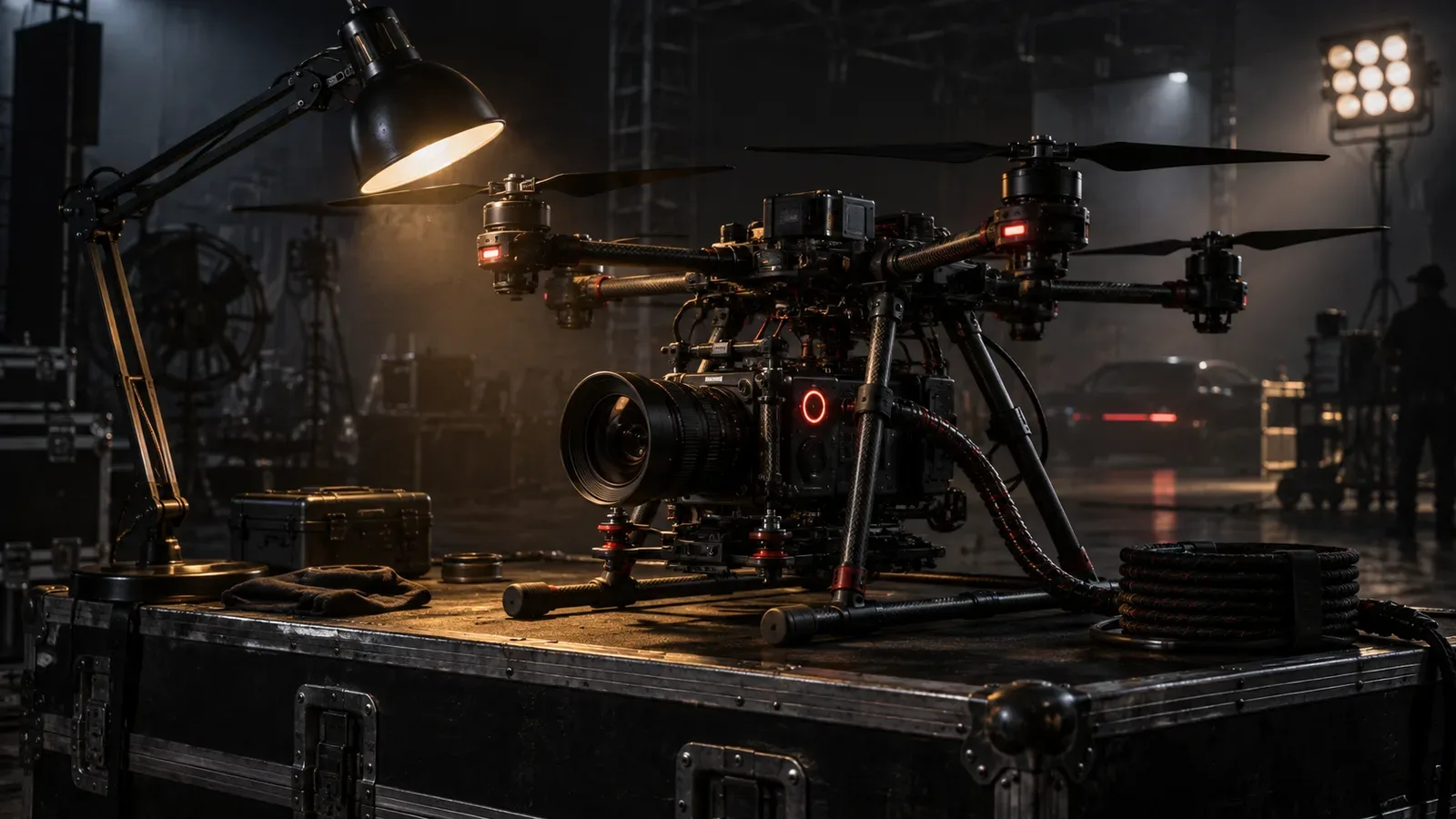 Drone cinelifter profissional de cinema FPV sobre bancada escura de equipamentos cinematográficos