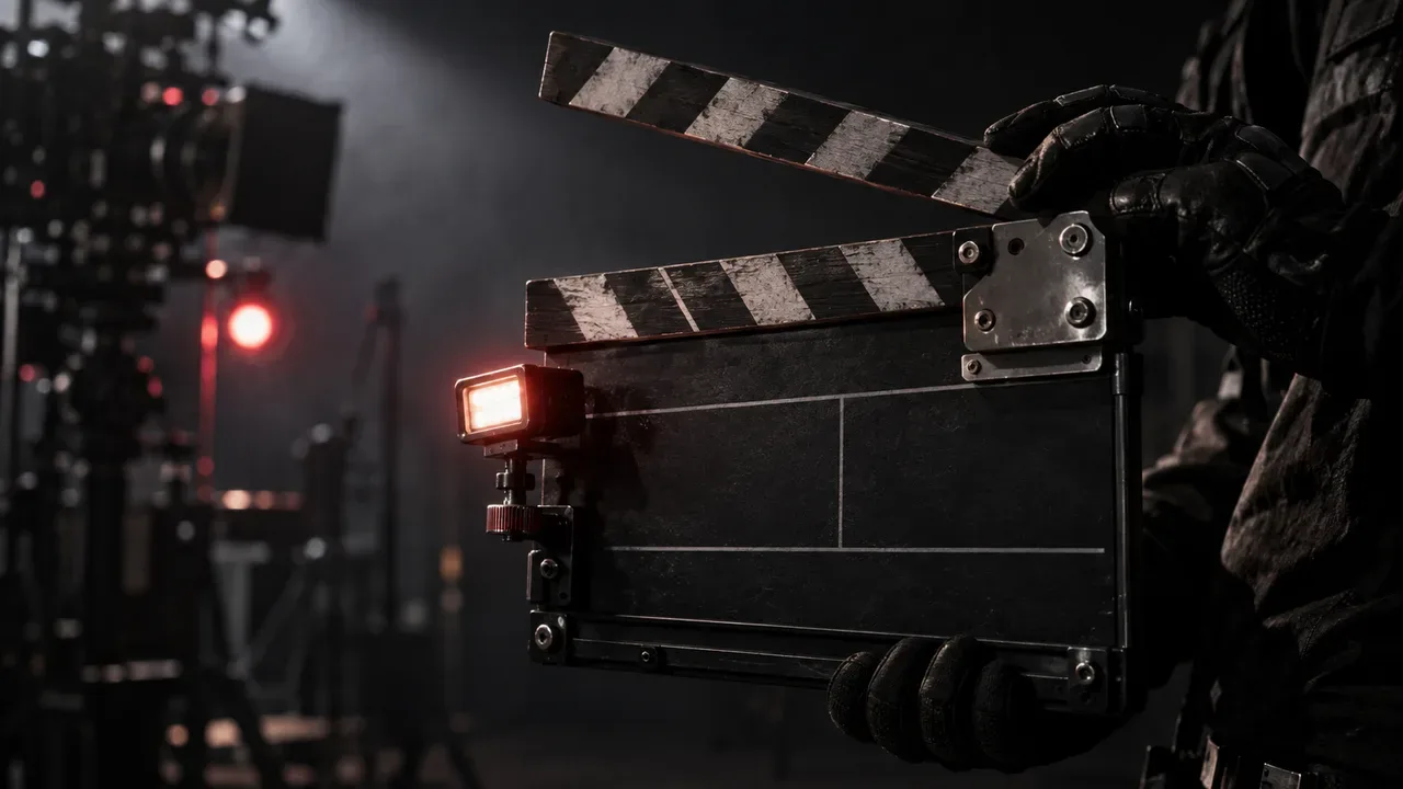 Close-up das barras de impacto e dobradiça mecânica de uma claquete de cinema