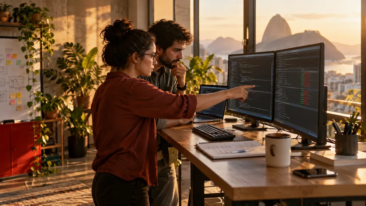 Engenheiros de software em sessão de programação em par e refatoração em estúdio de tecnologia