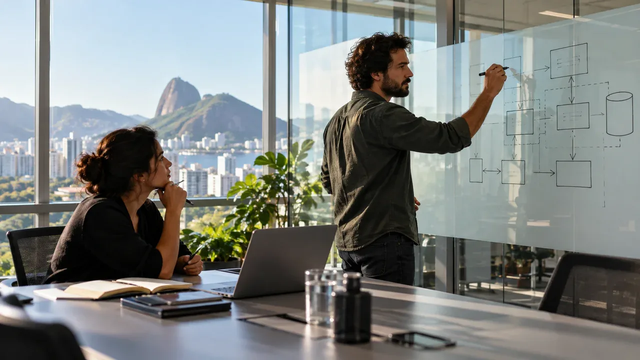 Engenheiros em sala de reuniões analisando arquitetura de software e trade-offs de design em lousa técnica