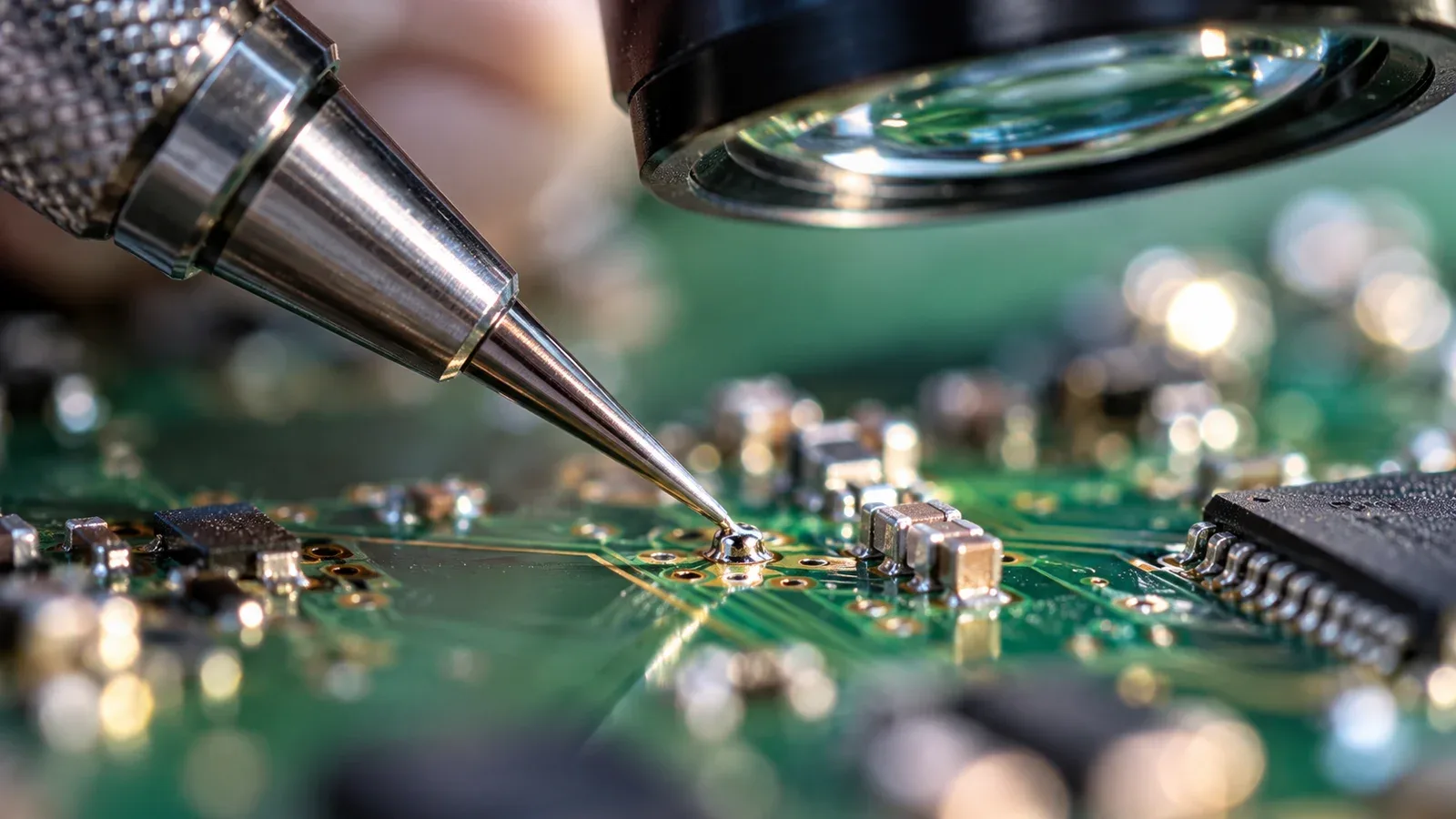 Macro de ponta de prova metálica inspecionando microtrilha eletrônica em bancada de testes