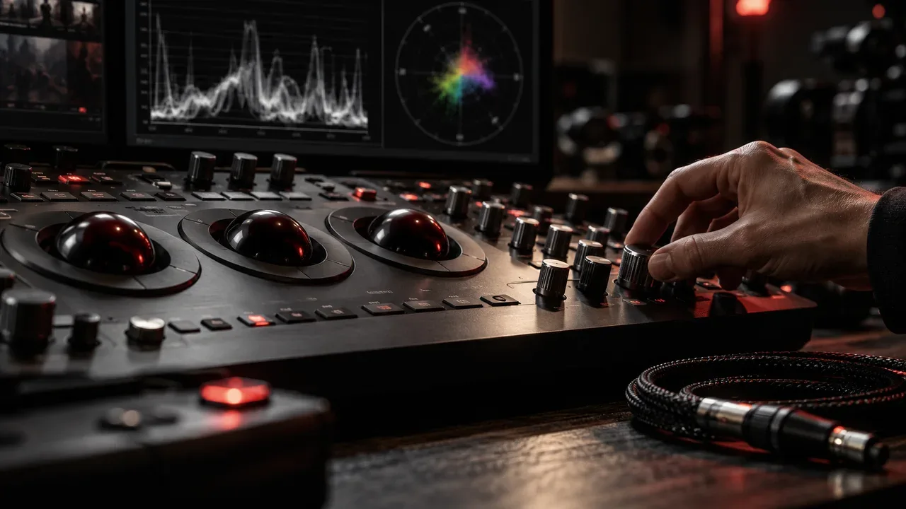 Superfície de controle de color grading com três trackballs e encoders em suíte de pós-produção