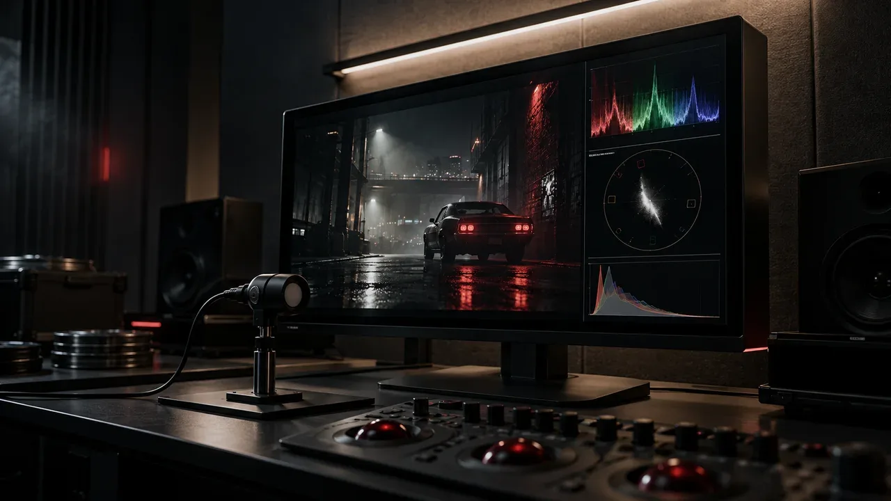 Monitor de referência master OLED calibrado e ambiente com iluminação de viés D65 em suíte de cor