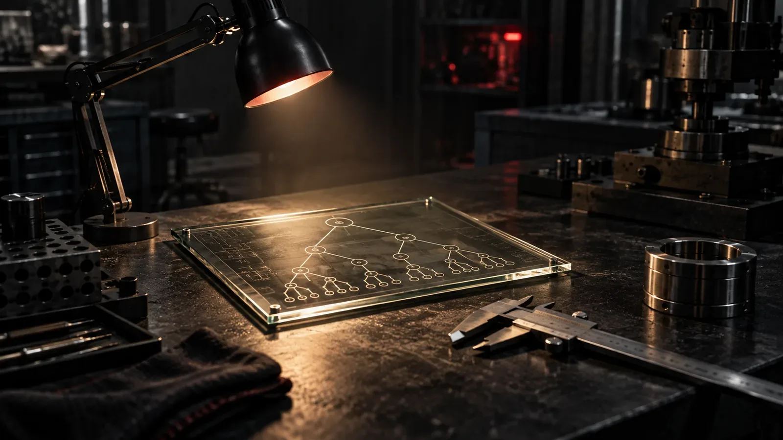 Bancada de engenharia com diagramas ópticos de árvore sintática sob luz chiaroscuro e componente carmim