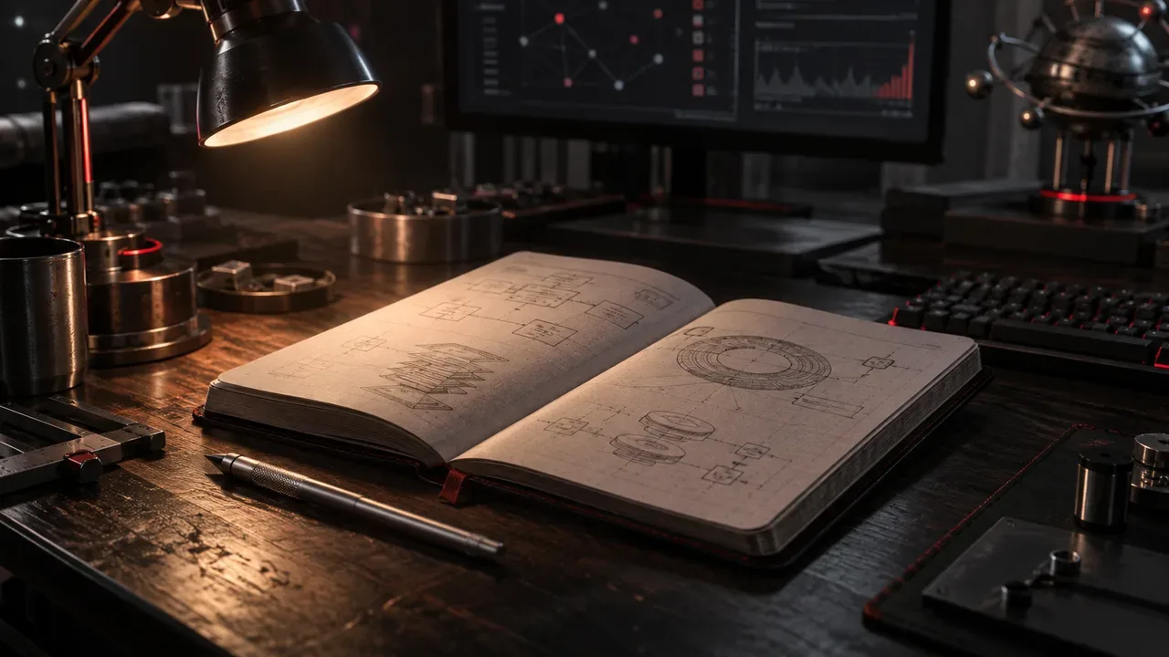 Estação de trabalho de consultoria de software e pair programming com caderno de especificações técnicas e iluminação direcional