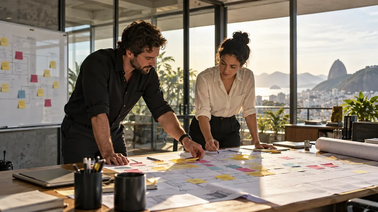 Sessão de co-building executivo entre fundador e consultor alinhando esteiras de processos