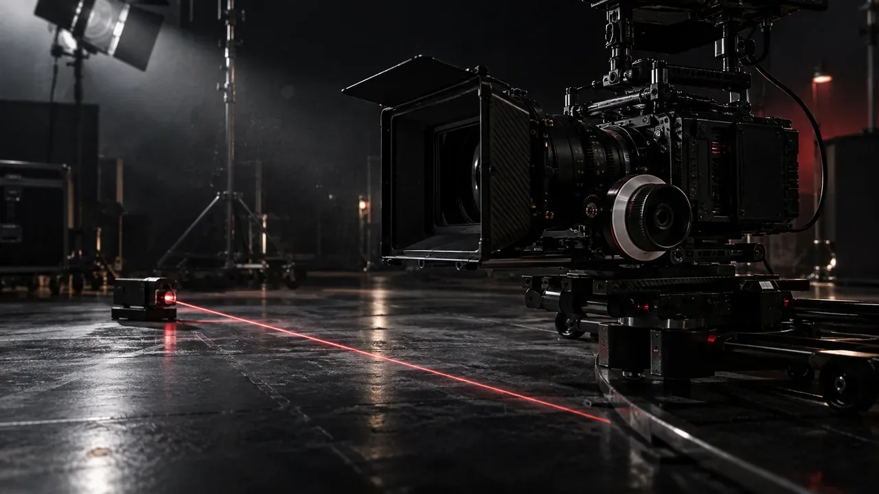 Câmera de cinema montada em tripé pesado sobre piso de estúdio escuro com linha de projeção ótica demarcando o eixo de ação