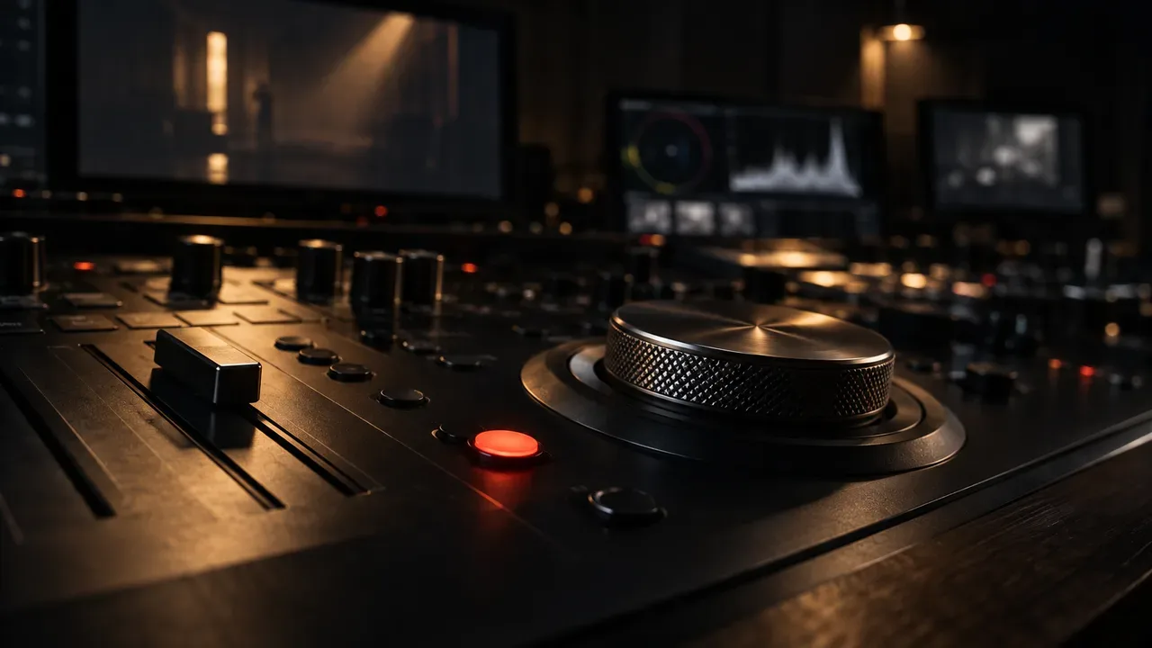 Console de edição profissional e grading em ilha escura com seletor jog shuttle metálico e botões retroiluminados