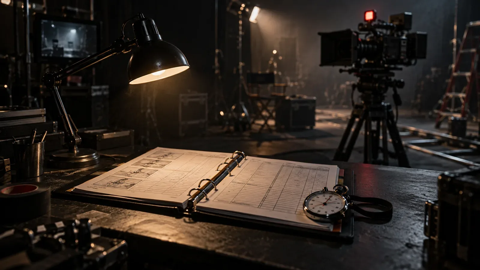 Estação de trabalho do continuísta em estúdio de cinema à noite com roteiro marcado, cronômetro e luminária de mesa