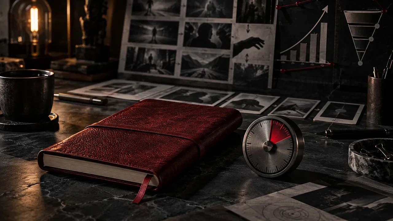 Mesa técnica de redação persuasiva com caderno encadernado em couro carmim, instrumento de precisão e notas de storyboard sobre pedra basáltica escura