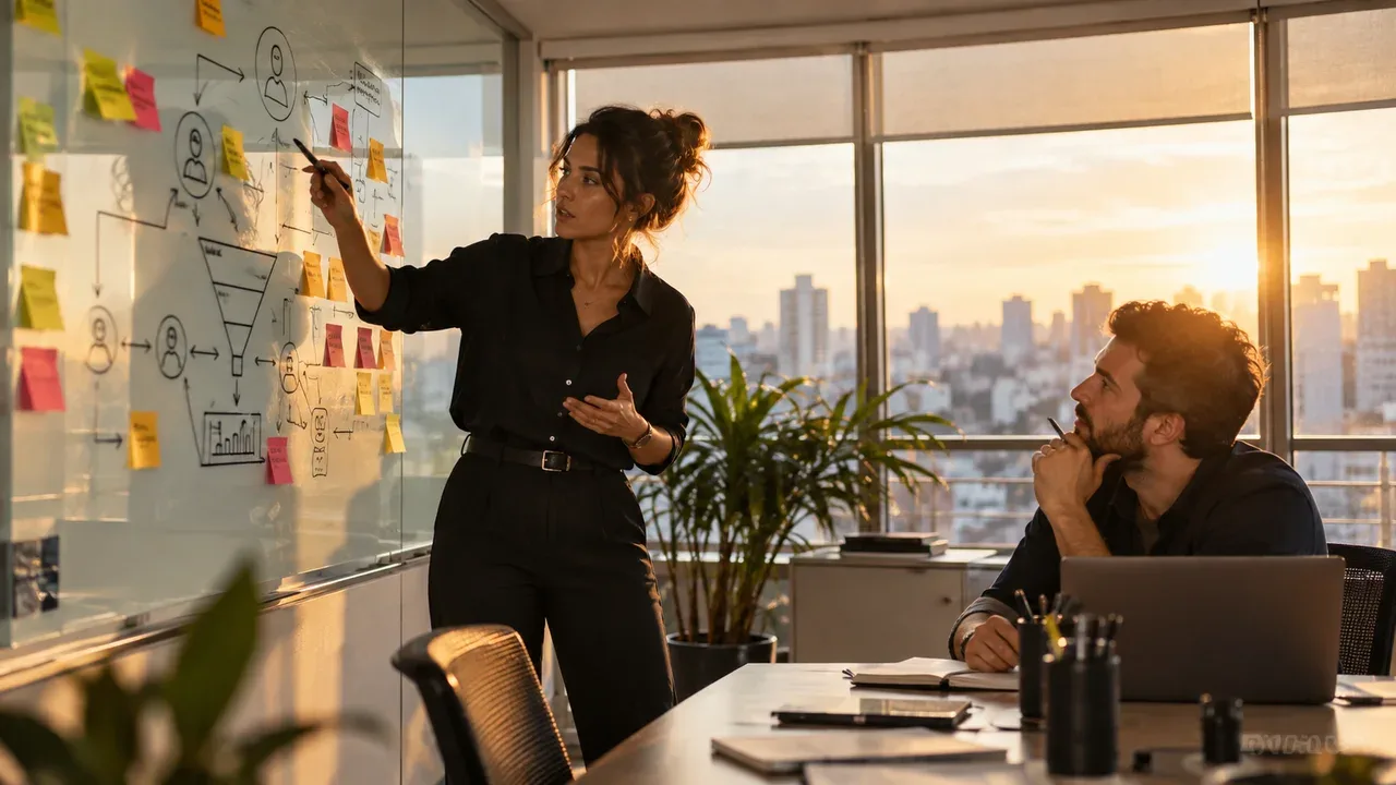 Diretor de marketing e gestor de mídia em reunião de alinhamento estratégico de funil e qualificação de leads em sala de conferência