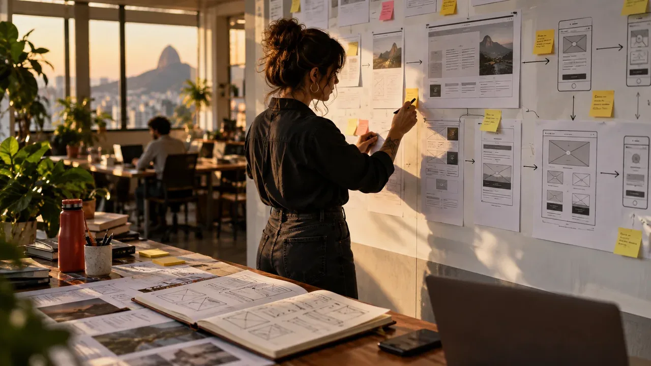 Especialista em mídia de performance ajustando parâmetros de conversão em estação de trabalho com esboços de wireframes de landing page