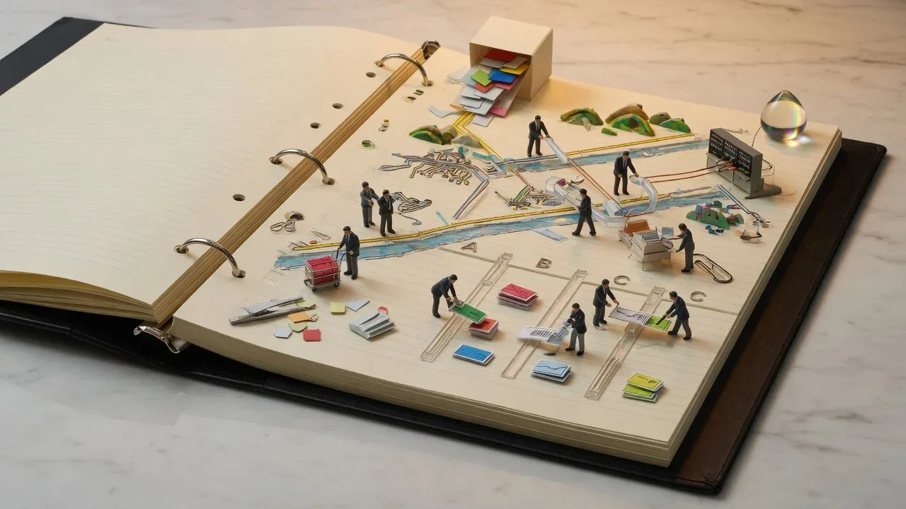 Composição tridimensional em miniatura sobre livro fichário corporativo aberto mostrando especialistas conectando canais de atendimento e organizando filas de clientes