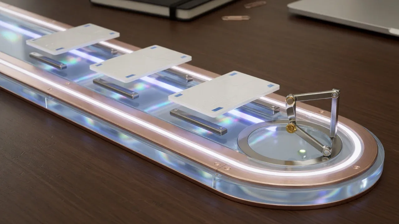 Close em miniatura exibindo detalhes de trilhos iluminados em funil de acrílico com cartões de negociação avançando para o marco de fechamento de contrato