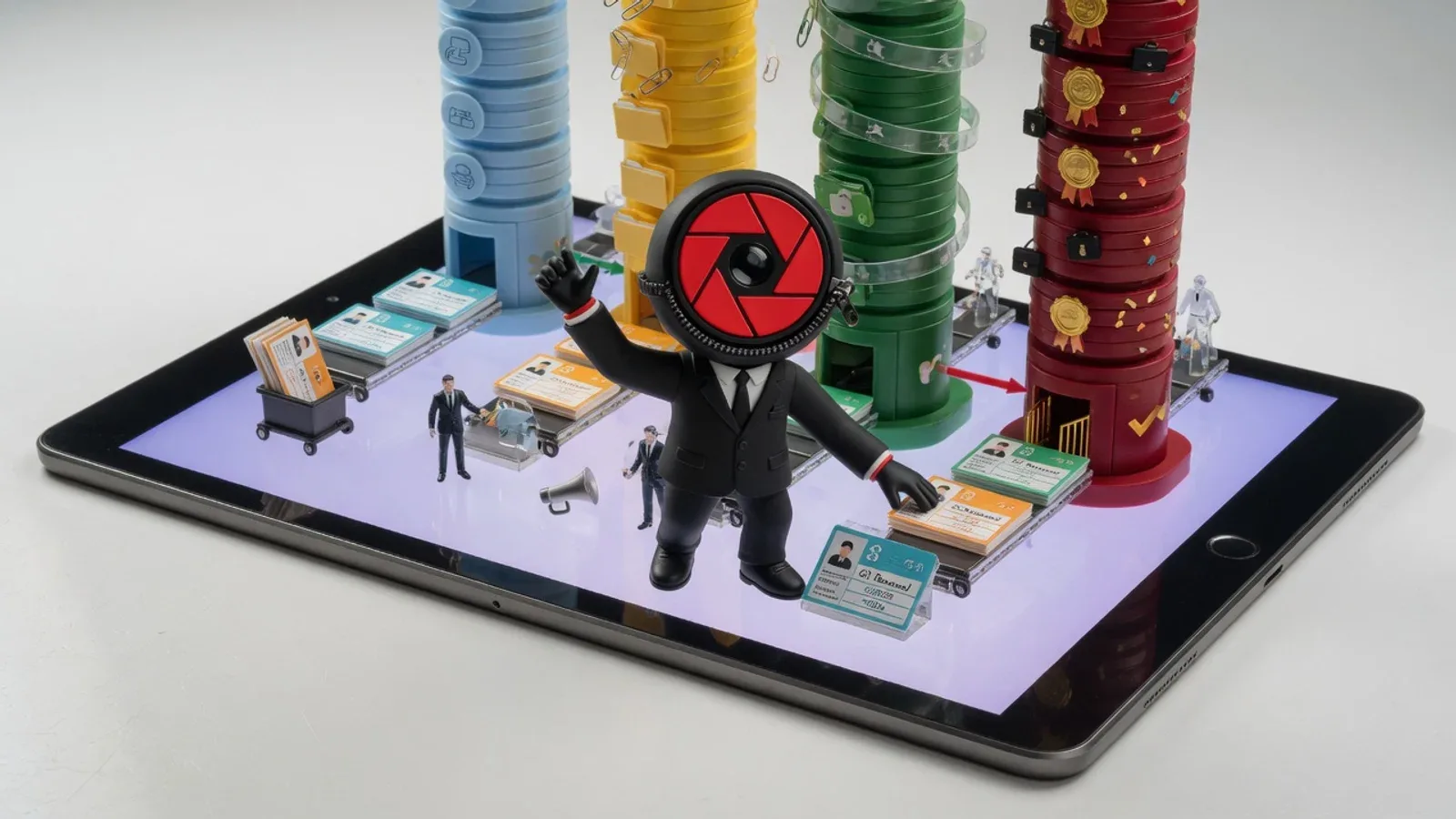 Cenário tridimensional publicitário em estilo de mundo em miniatura sobre tablet executivo exibindo etapas de funil comercial com mascote da MaxVision conduzindo oportunidades