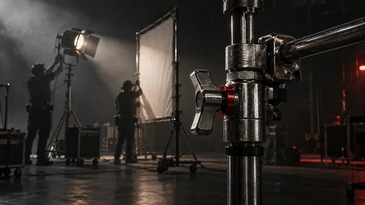 Engenharia de iluminação e maquinária em set cinematográfico organizado por eixos de decupagem técnica