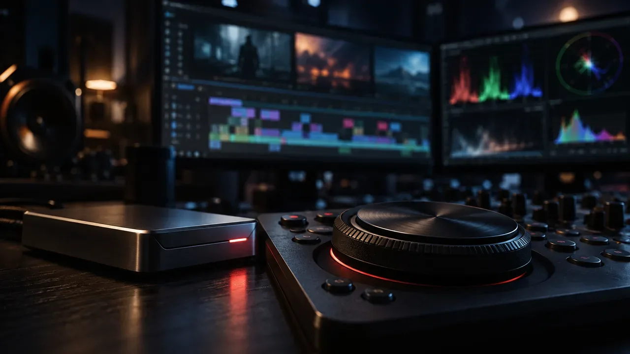 Console de pós-produção e edição com jog shuttle wheel e metadados de decupagem de material bruto