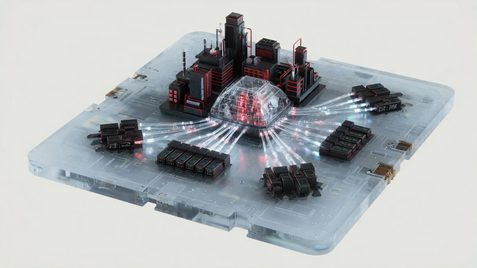 CGI conceitual de microchip de IA com cidade miniatura em seu topo