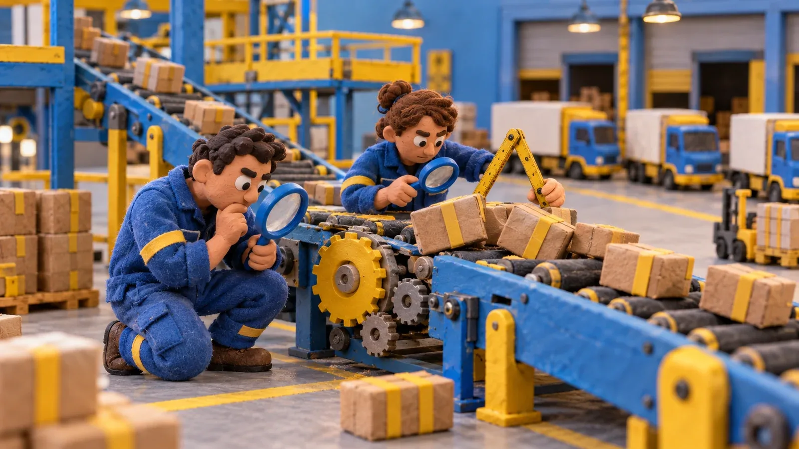Maquete em stop-motion de massinha representando uma fábrica no interior paulista com bonecos investigando gargalos operacionais