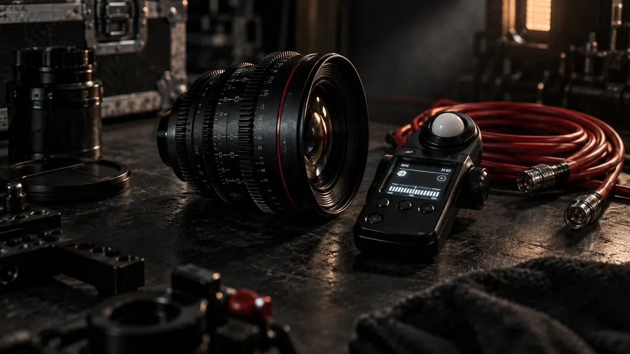 Conjunto óptico de cinema e fotômetro em bancada de testes