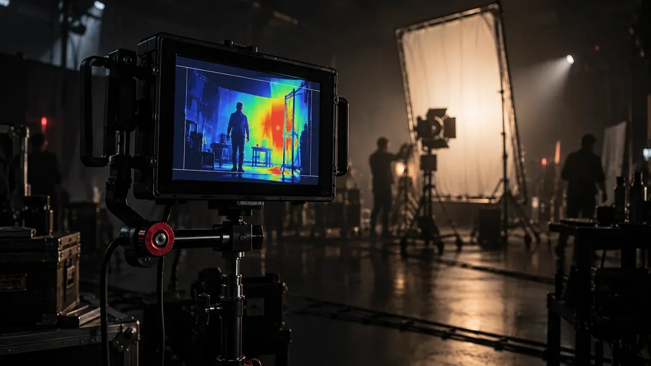 Monitor de campo com mapa de cores falsas em set de filmagem