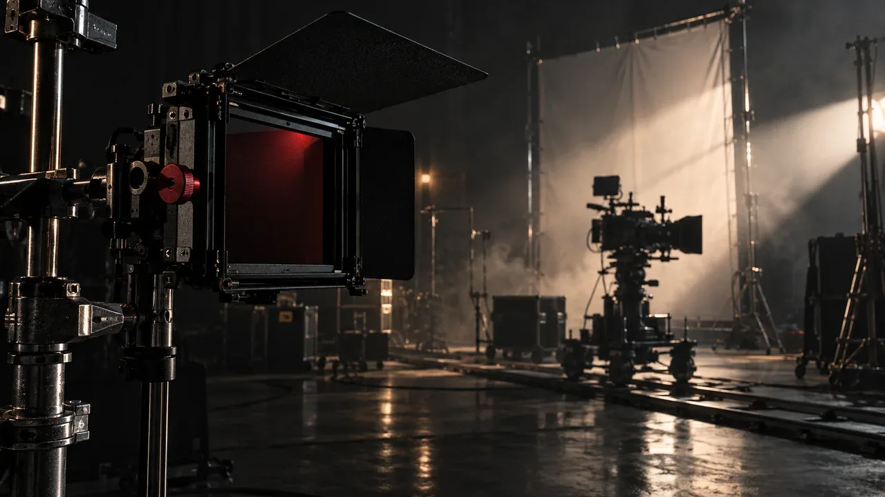 Estação de monitoramento de vídeo no set com monitor de referência e câmera de cinema digital