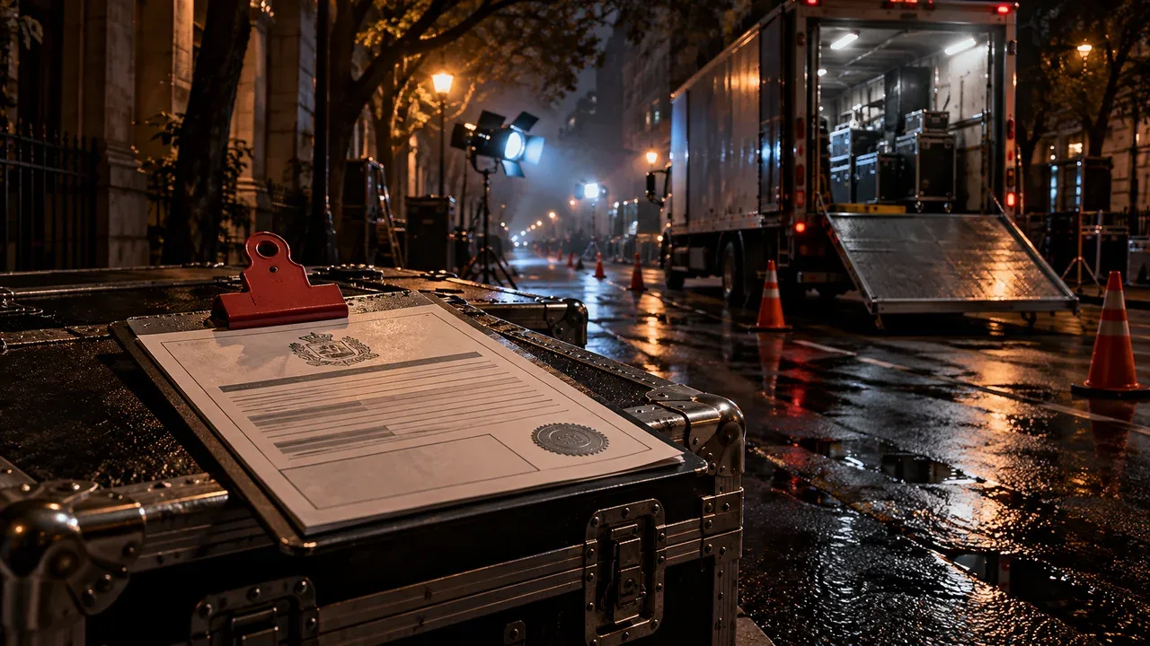 Prancheta metálica com autorização de filmagem municipal e caminhão de produção na rua à noite