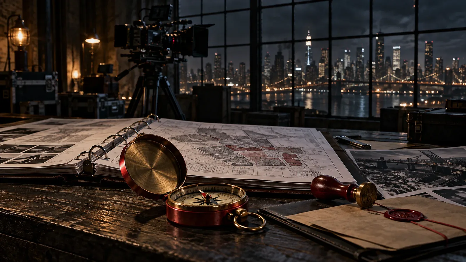Mesa de trabalho de direção de locação com mapa de zoneamento urbano, bússola e contratos de cessão de filmagem