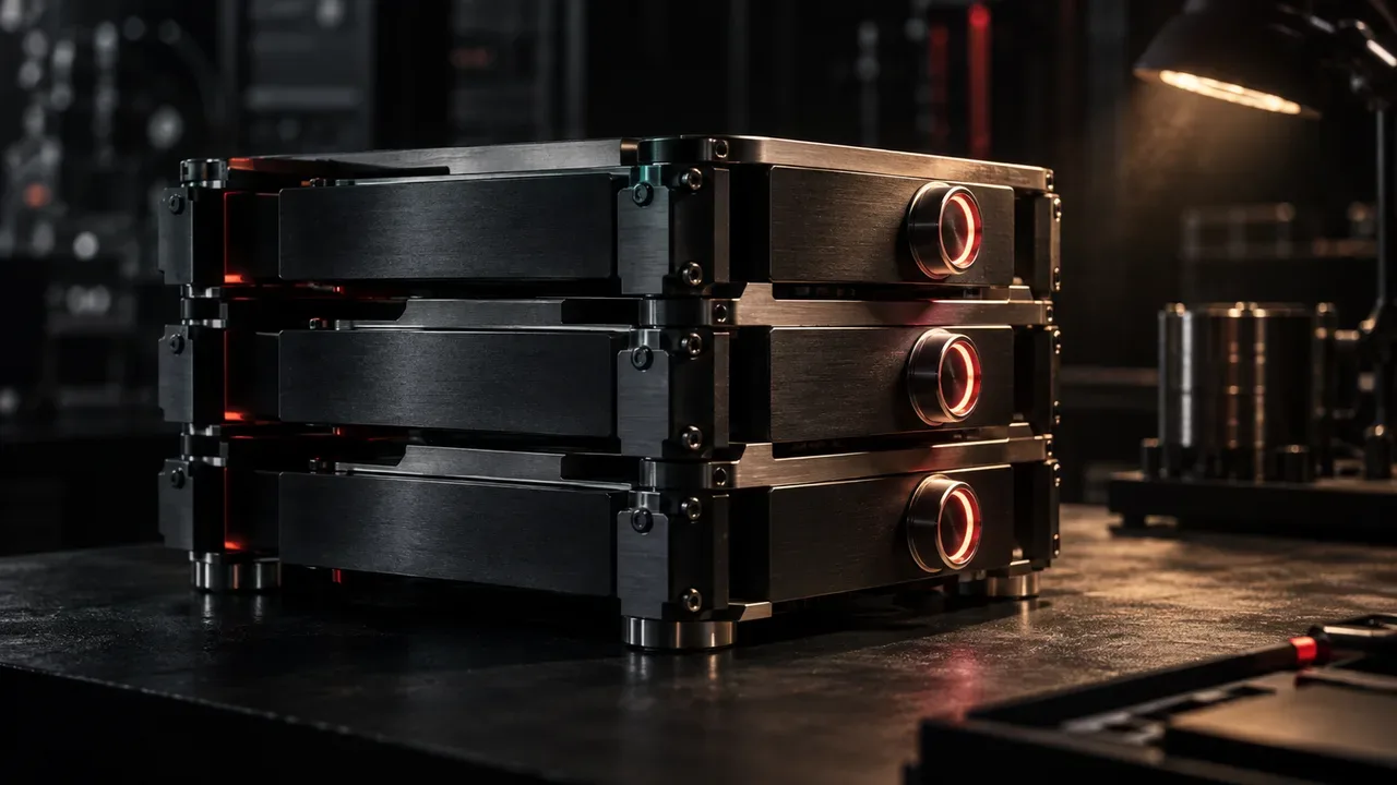 Modelo conceitual de camadas arquiteturais isoladas de computação em hardware de alta precisão com indicador mecânico em destaque