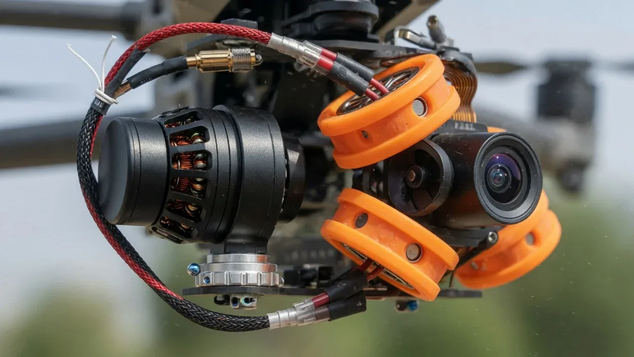 Gimbal de três eixos com motores compactos estabilizando câmera 4K em manobra de voo