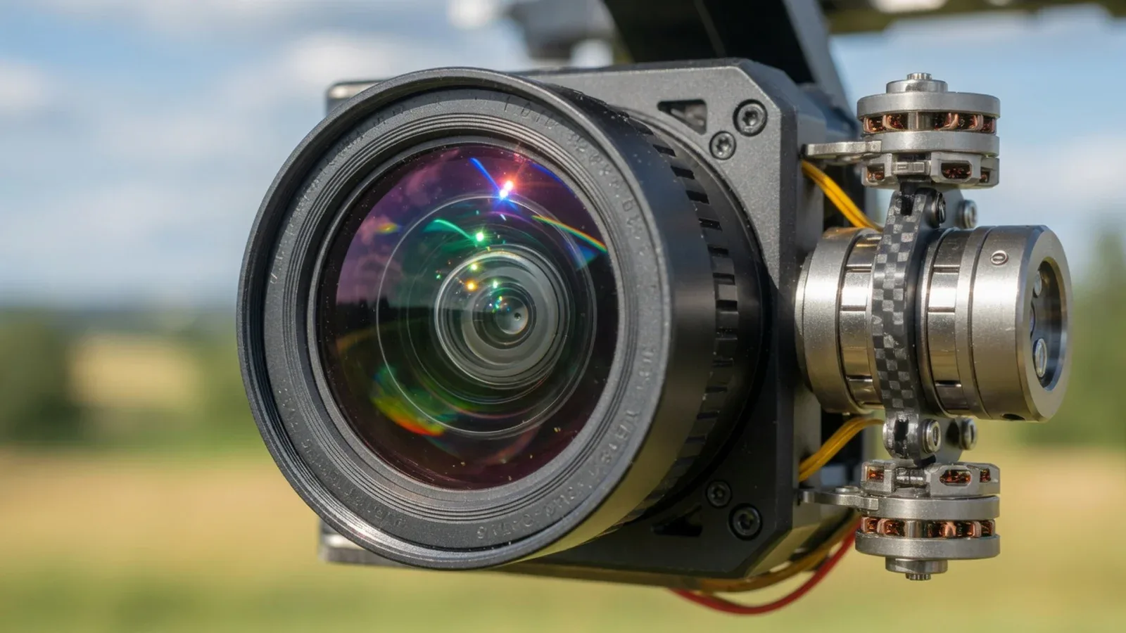 Lente de câmera 4K em gimbal estabilizado de drone em pleno voo ao ar livre