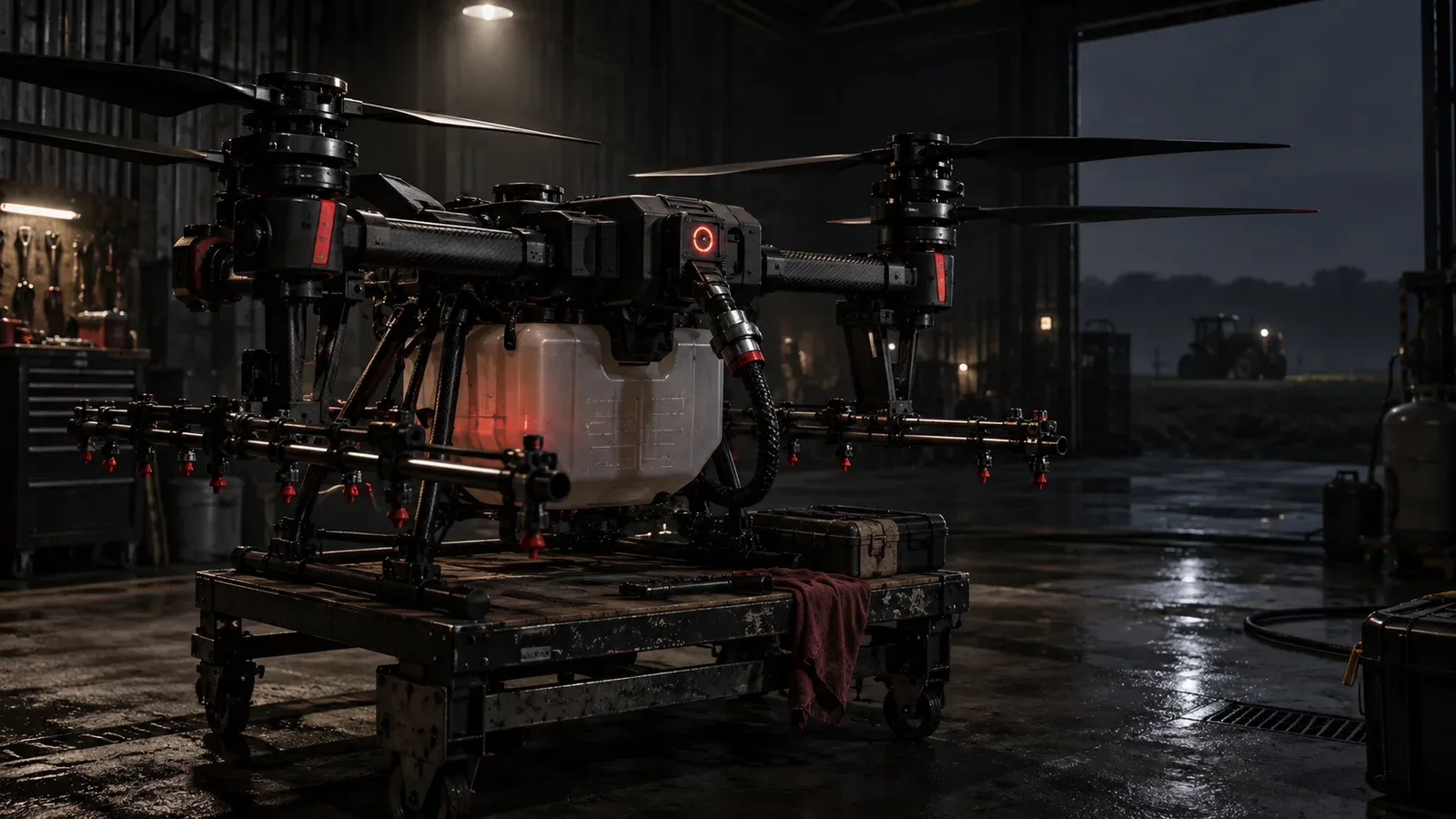 Drone agrícola pesado de pulverização com tanques de calda e barras de atomização em bancada industrial