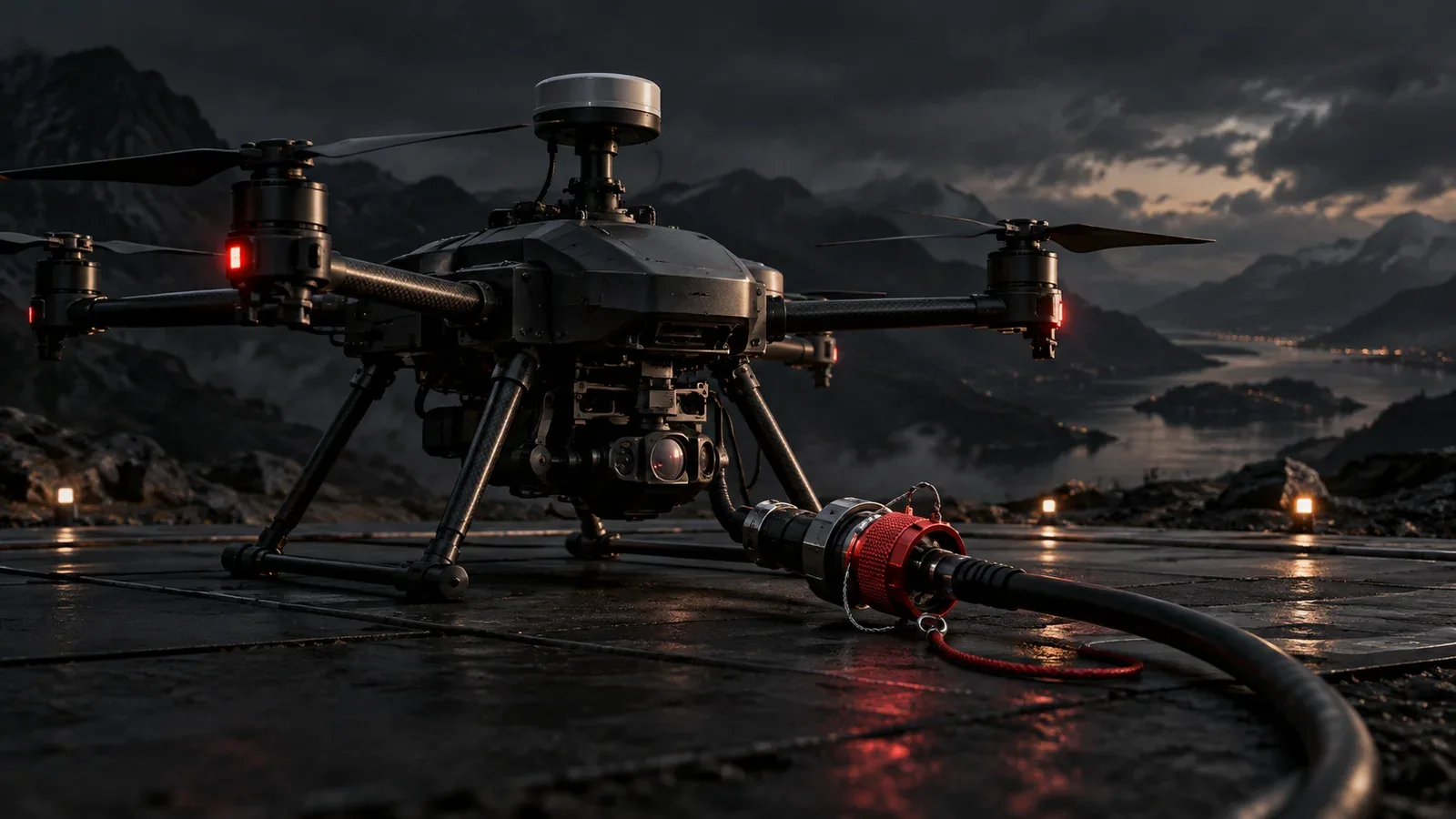 Drone com GPS moderno pairando de forma estável no ar ao entardecer