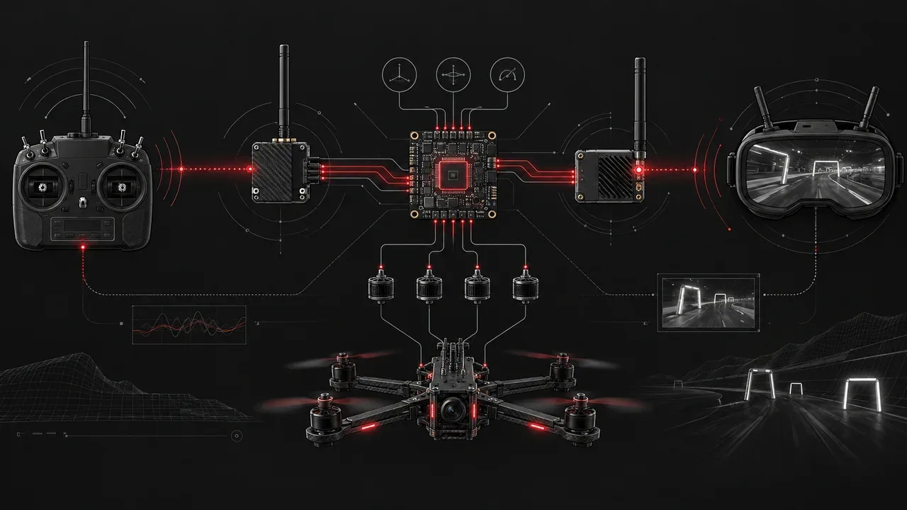Chassi True-X em fibra de carbono 3K com motores brushless e helices tripa montados sob iluminacao direcional