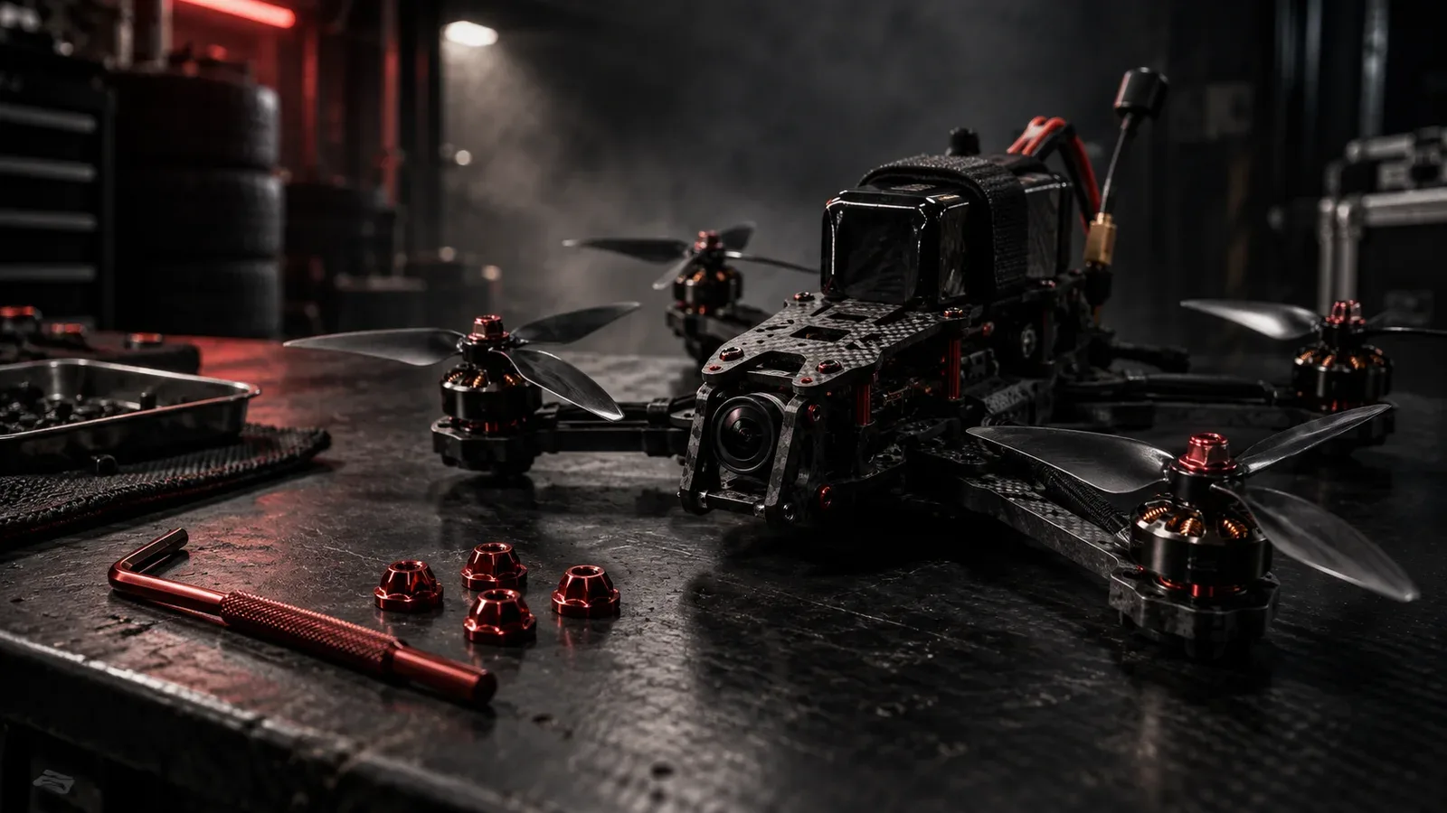 Drone de corrida FPV de 5 polegadas em chassi de fibra de carbono True-X com eletrônica exposta em bancada escura